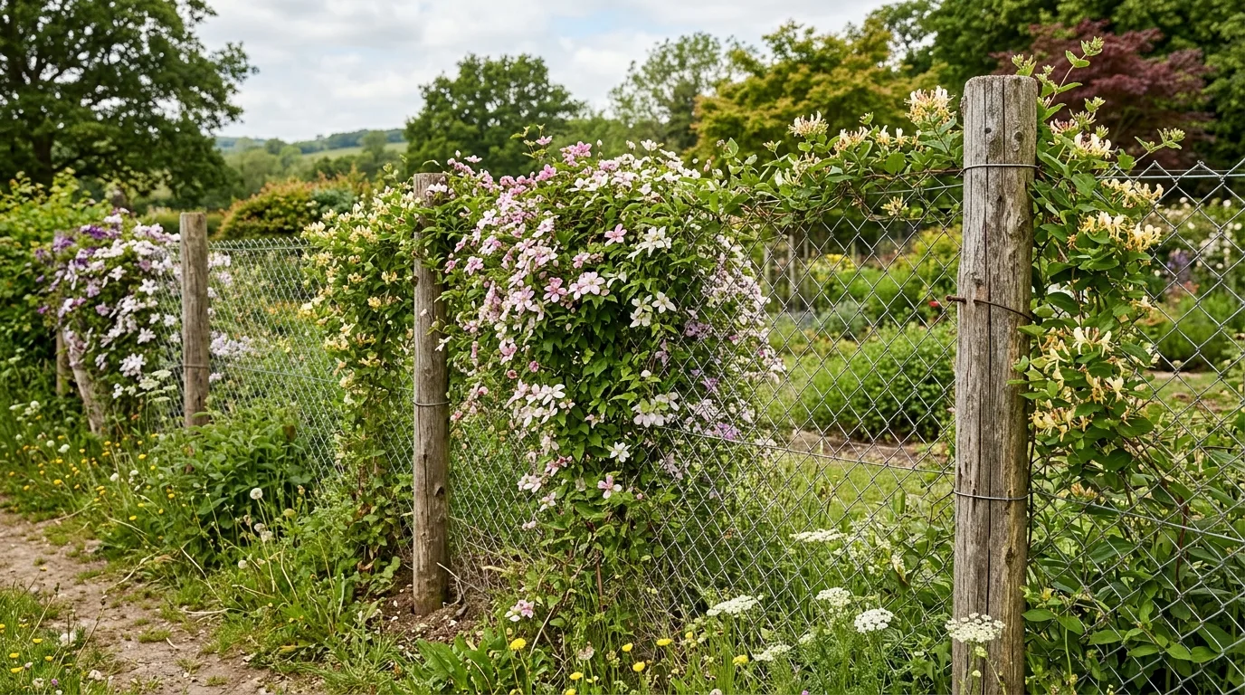Chain Link Fence With Wooden Posts and Vines